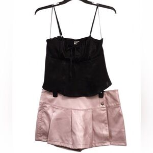 Black Satin Cami with Pale Pink Satin Skort Set